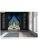 งานตกแต่งห้องพระ ด้วยฉากหลังกรุผนังลายไทยต้นโพธิ์ทองพื้นสีน้ำเงิน สวยสง่า ดูหรูหรา โดดเด่น