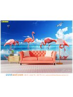 วอลเปเปอร์พิมพ์ลายวิวทะเล ตกแต่งห้องนั่งเล่น โทนสีพาสเทลสวยๆ