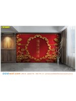 พิมพ์วอลเปเปอร์ ผ้าแคนวาส ตกแต่งผนังภายในบ้าน ภาพอักษรจีนมงคลและดอกบัวสีทองพื้นหลังสีแดง เสริมความมงคล มีความหมายไปในทางบวก