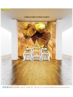 สินค้าไอเดียแต่งห้องพระ ลายใบโพธิ์ทองพื้นหลังผ้าสีทอง ตกแต่งฉากหลังโต๊ะหมู่บูชา สีทองอร่าม