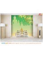 ภาพมงคลแต่งห้องพระ โต๊ะหมู่บูชา ลายใบโพธิ์พื้นหลังสีเขียว ทำให้รู้สึกผ่อนคลาย สบายใจ