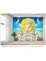 ภาพมงคลติดผนังห้องพระ ลายไทยมือถือดอกบัววงกลมสีทองกับเทพพนมพื้นหลังสีฟ้า สีเรียบง่าย