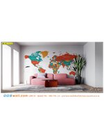 ร้านพิมพ์ ภาพแคนวาส เพิ่มสีสันให้ห้องนั่งเล่น ด้วยเเผนที่สีสดใส เพิ่มโซฟาสีเเดงเเละต้นไม้สีเขียว ดูโปร่ง สะอาดตา