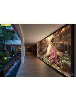 วอลเปเปอร์ลายตลาดน้ำไทยเพิ่มความสงบให้โถงทางเดินด้วยแสงอุ่นและรายละเอียดขนมไทยที่จัดวางอย่างงดงาม