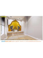 วอลเปเปอร์ไร้รอยต่อ ฉากหลังห้องพระสวยๆ ลายหินอ่อน กับลายไทยพญานาคล้อมดวงจันทร์ พื้นสีเหลืองทองลายดอกประจำยาม ให้ความรู้สึกสบายตา