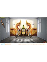 วอลเปเปอร์ออกแบบเอง รูปแบบห้องพระ ลายพญานาคคู่สีทอง พื้นหลังกราฟฟิกสีขาวทองคลื่นทะเล สีสันสบายตา นำพาจิตใจสงบ