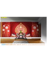 Wallpaper สั่งตัด ผนังห้องพระสวยหรู ภาพลายต้นโพธิ์ทองฐานดอกบัว-ดอกบัวหลวงพื้นหลังสีแดง มีเอกลักษณ์ที่โดดเด่น
