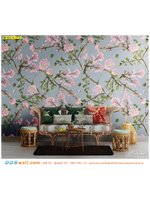 ภาพศิลปะ ผ้าCanvas ติดห้องนั่งเล่น ลายกิ่งดอกไม้พื้นฟ้า สไตล์ทรอปิคอล