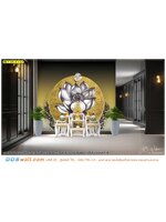 พิมพ์ภาพแคนวาส ราคาถูก บุผนังสีดำกับฉากหลังห้องพระสวยๆ ลายไทยดอกบัววงกลมสีทองพื้นหลังสีเหลืองทอง สวยงามอร่ามตา