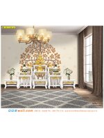 วอลเปเปอร์โทนสีน้ำตาลติดผนังลายต้นโพธิ์การ์ตูน เลือกโต๊ะหมู่บูชาสีขาวประดับในห้องพระสีเข้ม ทำให้มีความโดดเด่น