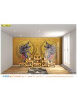 วอลเปเปอร์สั่งพิมพ์ราคาถูก wallpaper ห้องพระ ลายไทยพญานาคล้อมดวงจันทร์ พื้นสีเหลืองทองลายดอกประจำยาม ยิ่งใหญ่ สวยงาม