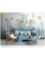 ภาพพิมพ์วอลเปเปอร์ ผลิต 2-3 วัน ตกแต่งห้องนั่งเล่น ลายต้นไม้และนกสีทอง สีสดใส ดูใหม่ สะอาดตา