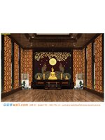 สไตล์การแต่งห้องพระ สั่ง print wallpaper ลายพญานาคคู่สีทองกับพระจันทร์พื้นสีน้ำตาลแดง สวยหรูน่าเลื่อมใส