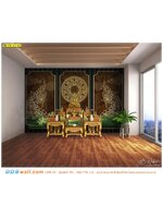 ร้านที่รับพิมพ์ภาพ wallpaper ประดับผนังห้องฟังธรรมแบบคิ้ว กรุผนังลายไทยพญานาคธรรมจักรพื้นสีเขียว สงบ ผ่อนคลาย