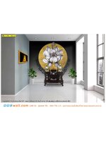 รูปติดผนังตกแต่งห้องพระ ลายไทยดอกบัววงกลมสีทอง ฉากหลังสีดำ สวยงาม เรียบง่าย