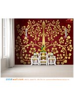 วอลเปเปอร์ฉากหลังโต๊ะหมู่บูชา ติดห้องพระ ลายใบโพธิ์สีทอง พื้นสีแดง สวยหรู