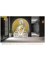 รับออกแบบห้องพระ ลายมือถือดอกบัวในวงพระจันทร์พื้นหลังสีดำ โดดเด่นด้วยสีทองสุดอลังการ