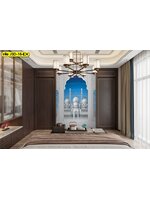 วอลเปเปอร์ภาพพิมพ์ลายสไตล์อาคารศิลป์ สั่งผลิตตามขนาด ช่วยเน้นผนังหลังเตียงให้โดดเด่นอย่างมีเอกลักษณ์