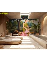 วอลเปเปอร์ลายไทยฉากสวนผลไม้ขนาดใหญ่ ช่วยให้โซนสปากลางห้องดูกว้าง ละมุน และเป็นธรรมชาติมากขึ้น