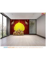 วอลเปเปอร์ตกแต่งห้องพระ ลายใบโพธิ์ทอง เทพพนมคู่ พื้นหลังสีแดง ที่ให้บรรยากาศเรียบหรู