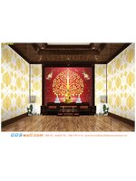 วอลเปเปอร์ลายไทยห้องพระ ตกแต่งผนังให้ดูสวยด้วยภาพต้นโพธิ์ เทพพนมคู่ พื้นสีแดง-ทอง ผสมผสานความไทยได้อย่างลงตัว