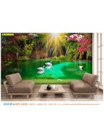 Print wallpaper มาตรฐานส่งออก ภาพวิวน้ำตกธรรมชาติ ล้อมรอบด้วยวิวทิวทัศน์สวยงาม ทำให้ห้องนั่งเล่นดูดี เหมาะสำหรับผ่อนคลาย