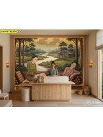 ภาพตกแต่งผนังลายไทยโทนวินเทจ ถ่ายทอดวิถีพื้นบ้านริมคลอง เติมมิติให้เคาน์เตอร์ต้อนรับดูอบอุ่นเป็นกันเอง