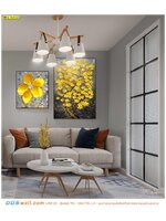 พิมพ์วอลเปเปอร์ แต่งห้องรับแขก ภาพใส่กรอบ ดอกไม้สีทองสวยเด่นกลางภาพ มองดูเเล้วมีมูลค่า น่าชื่นชม