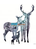 PRINT17-104 ภาพพิมพ์ รูปกวางสามตัว สีฟ้าอมม่วง