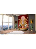 วอลเปเปอร์พิมพ์ลายพญานาคคู่สีทองกับเทพพนมคู่ พื้นหลังกราฟฟิกสีแดง เสริมความมีมนต์ขลังให้กับห้องพระ ลวดลายประณีตสวยงาม