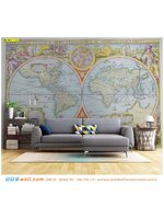 พิมพ์วอลเปเปอร์ ตามขนาด ออกเเบบห้องนั่งเล่นในบ้าน ด้วยลายเเผนที่โลก เเบบสไตล์ยุโรป สีเรียบง่ายเพื่อจะได้ไม่ลายตาเกินไปเมื่อเทียบกับพื้นหลัง