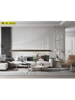 วอลเปเปอร์ลายโถงประตูโค้งโทนเทา สั่งผลิตได้ตามขนาด ช่วยให้ผนังนั่งเล่นดูมีมิติและสงบนุ่มลึก