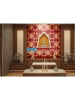 JJLP17-03 ตัวอย่างผลงาน ผนังห้องพระตกแต่งด้วย วอลเปเปอร์ติดผนังลายต้นโพธิ์ สีแดง