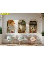 วอลเปเปอร์สั่งผลิต ภาพวาดโบราณในซุ้มโค้ง ออกแบบ ผนังให้ดูมีลูกเล่น สร้างจุดเด่นในร้านอาหาร รับติดตั้ง งานวอลล์เฉพาะจุด