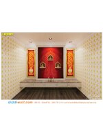 วอลเปเปอร์ห้องพระลอยสีแดง ลายไทยต้นโพธิ์ทอง แต่งห้องพระผนังสวย เป็นมงคล