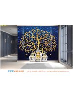 วอลเปเปอร์ติดผนัง สั่งพิมพ์ ตกแต่งห้องพระลายไทย โดดเด่นด้วยภาพต้นโพธิ์ทอง พื้นสีน้้ำเงิน สวยงามอร่ามตา