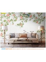 รับติดภาพวิว ภาพศิลปะ ตกแต่งห้องนั่งเล่น ดอกไม้จีนลายดอกไม้สีชมพูพื้นหลังสีครีม ดูอ่อนหวานละมุนตา