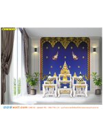 ภาพลวดลายตกแต่งห้องพระ ลายเทพพนม แต่งห้อยระย้าลายไทยข้างบน พื้นหลังสีน้ำเงิน