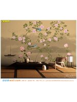 ขายวอลเปเปอร์ติดผนังภาพวิว ตกแต่งร้านอาหารมุมสงบ ด้วยภาพดอกไม้จีนติดปูนลายดอกไม้สีชมพู โทนสีเข้มโดดเด่น ไม่หวือหวา