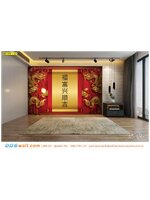 ปริ้นวอลเปเปอร์ ตกแต่งภายใน ผนังห้องโถงในบ้าน ภาพอักษรคำอวยพรจีนและมังกรทองกับประทัด เสริมพลัง ดูมีมิติเเละน่ามอง
