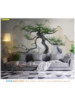 ภาพพิมพ์วอลเปเปอร์ หมึกกันน้ำ ตกแต่งบ้าน ลายต้นดอกไม้จีน ต้นสนจีนดูเสมือนจริงเเละน่าเกรงขาม ช่วยให้ผ่อนคลายเเละสงบ