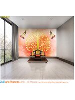 วอลเปเปอร์ หลัง หิ้งพระ ลายต้นโพธิ์สีทอง เทพพนมคู่ พื้นหลังสีส้ม สวยงามอร่ามตา