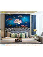 ผลิต wallpaper ติดผนังห้องนอน ภาพปลาคาร์ฟหลากสีเก้าตัวล้อมดอกบัว โทนสีน้ำเงินฟ้า สไตล์หรูหรา