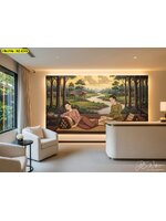 วอลเปเปอร์ติดผนังลายไทยโทนเขียวทอง ถ่ายทอดบรรยากาศเรือนไทยริมน้ำ ช่วยให้พื้นที่ต้อนรับสว่างและอบอุ่น