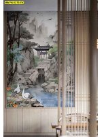 วอลเปเปอร์สั่งผลิต วอลเปเปอร์ภาพมงคล ลายภูเขาลำธารและหงส์ ออกแบบ เสริมบารมีให้ห้องรับรอง