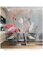 ตัวอย่างภาพวอลเปเปอร์สั่งพิมพ์จัดห้องอาหารโทนสีสุภาพ เฟอร์นิเจอร์ลายไม้โทนสีอ่อน ประดับภาพพิมพ์ใบตองใหญ่และฟลามิงโกโทนสีเย็น