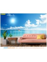 ปริ้นวอลเปเปอร์ราคาถูกตกแต่งห้องรับแขก วิวทะเล เพิ่มโซฟาสีชมพูน่ารักๆ