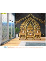 วอลเปเปอร์หลังหิ้งพระ ลายไทยต้นโพธิ์ทองพื้นหลังสีดำ ห้องพระที่ดูสวยเรียบๆ