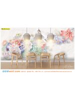 ขายวอลเปเปอร์พิมพ์ลายดอกไม้หลายสีโทนพาสเทล ดอกไม้สีอ่อน ตกแต่งร้านอาหาร เพิ่มความอบอุ่นด้วยเฟอร์นิเจอร์ไม้โทนสีน้ำตาล