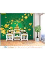 วอลเปเปอร์ฉากหลังห้องพระสวยๆ ลายเถาวัลย์ใบโพธิ์พื้นสีเขียว ให้ความรู้สึกสงบ ผ่อนคลาย